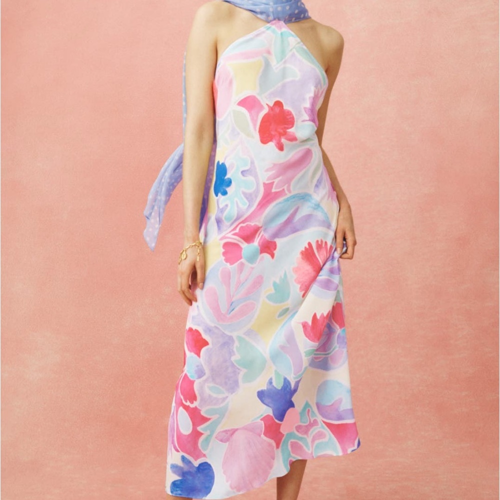 RIXO Pastel Floral Halter Midi Dress in Pink, Blue, Lavender